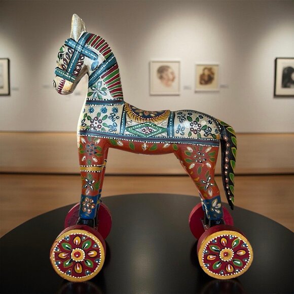 Vintage Large Folk Art Hand-Carved and Hand Painted Wooden Horse on Wheels 13.5H - Picture 2 of 15